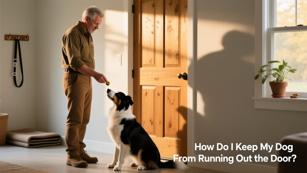 Trainer and dog practicing 'stay' command near a closed door, using treats and calm body language