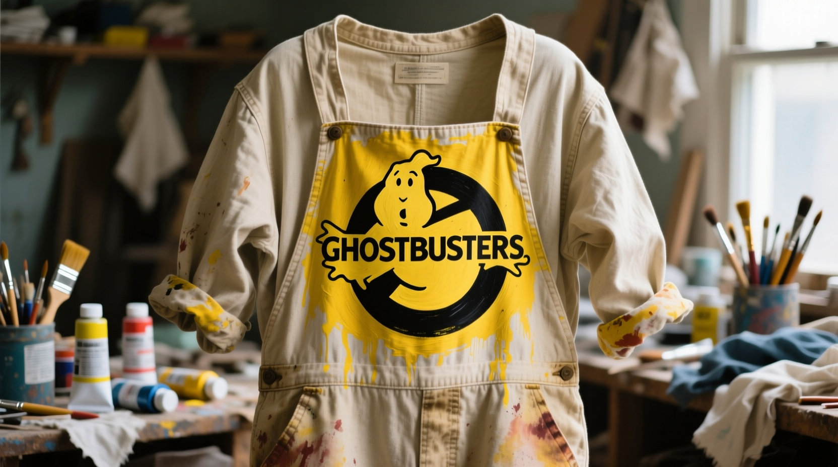 Hand-painted Ghostbusters logo on DIY jumpsuit with fabric paint details