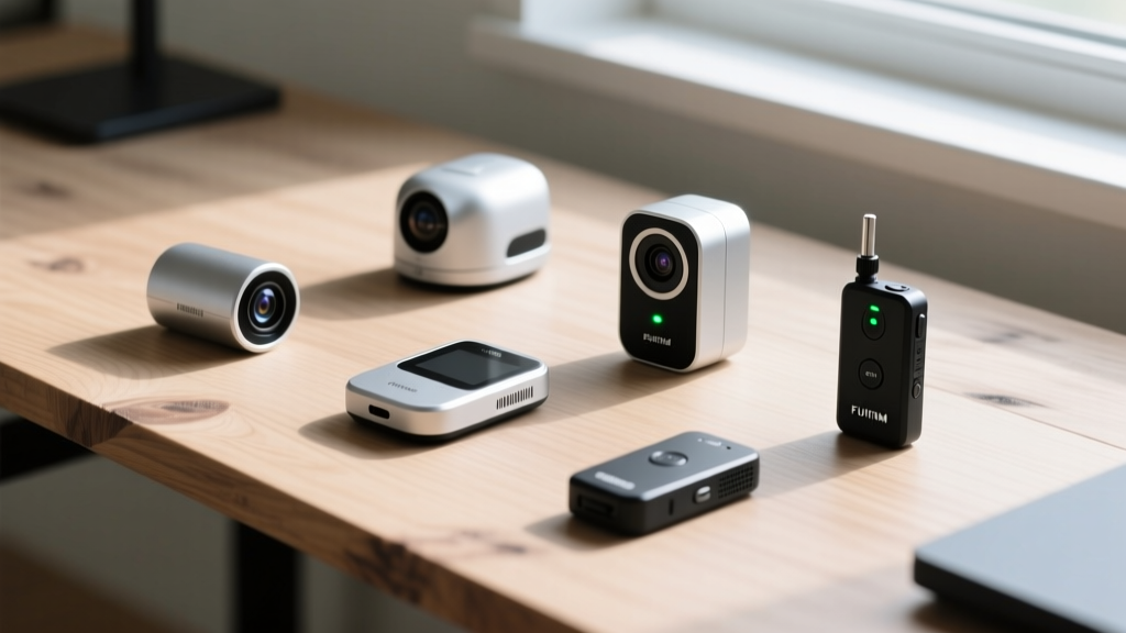 A flat lay of budget-friendly hidden cameras, GPS trackers, and audio recorders on a wooden desk for personal safety.