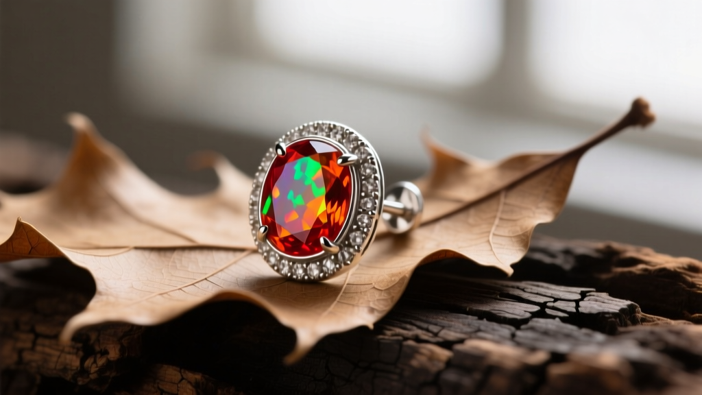 Macro shot of a bezel-set fire opal stud earring in oxidized sterling silver, resting on a bed of dried oak leaves and dark wood