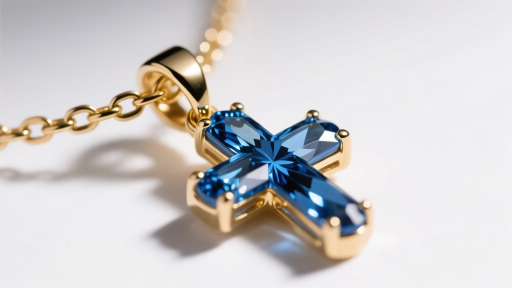 Macro shot of a 1.2mm gold box chain threading through the bail of a Swiss blue topaz cross pendant against a soft white backdrop.