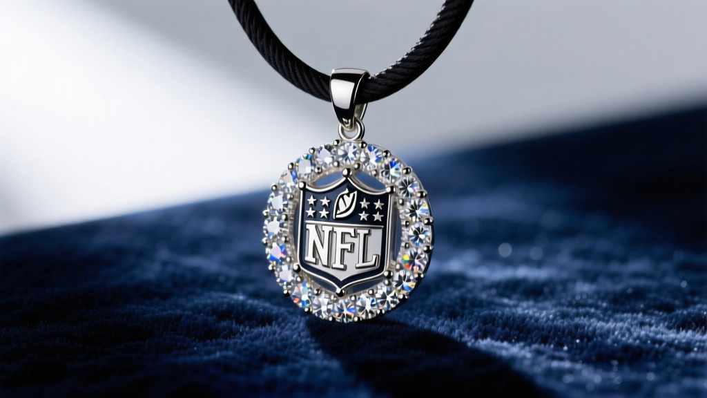 Macro view of a custom diamond NFL pendant on dark velvet, highlighting intricate micro-pavé settings and brilliant light reflection.