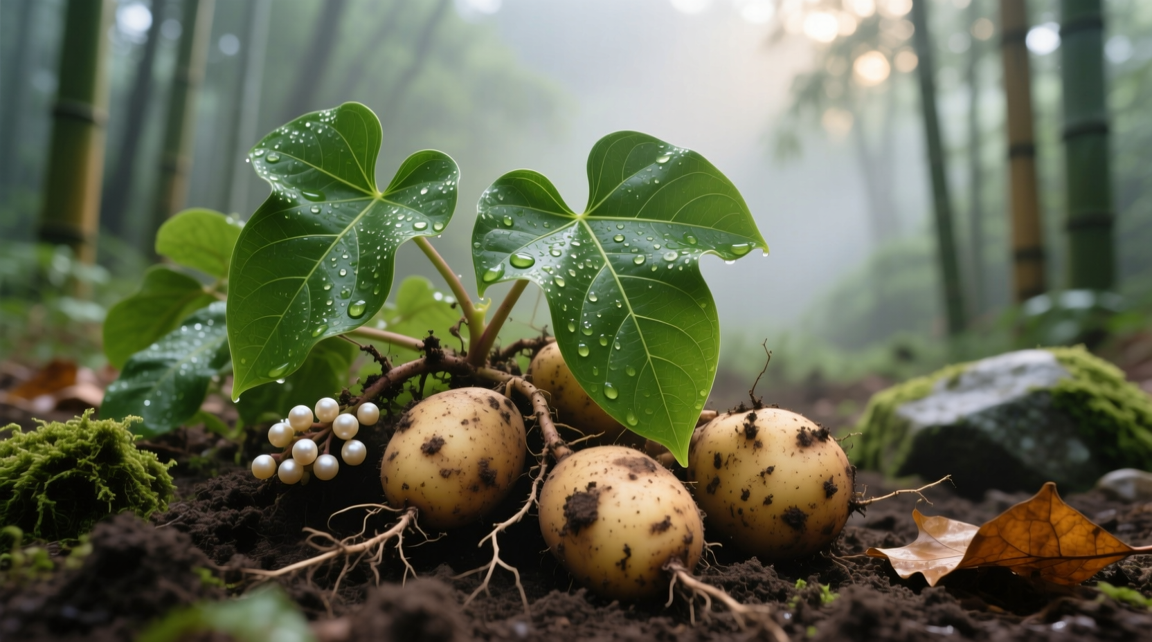 Freshly harvested duck potato tubers with arrowhead leaves