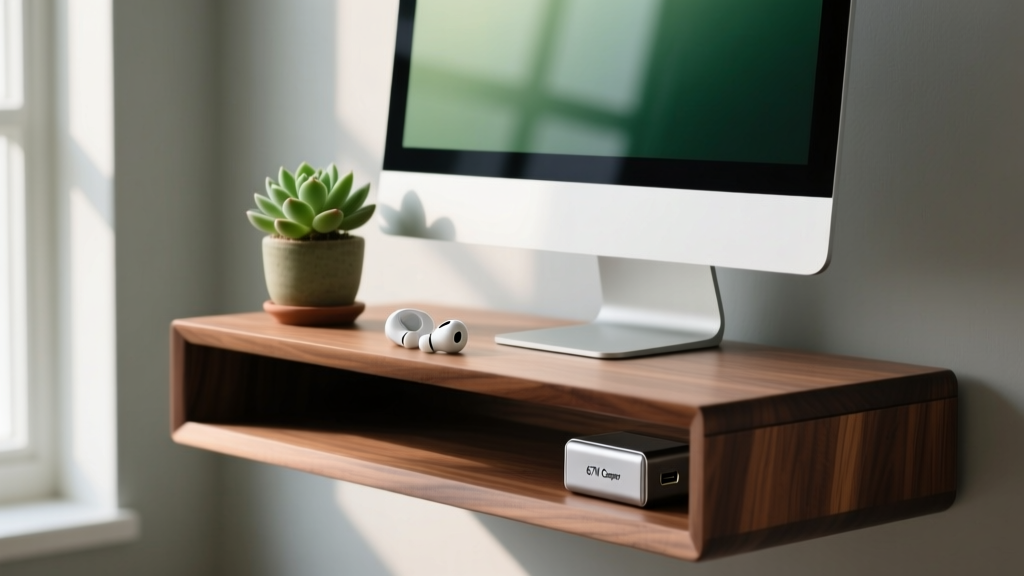 A small walnut desk shelf holding a potted succulent and wireless earbuds, with a monitor resting on top and a tiny 67W GaN charger tucked neatly underneath.