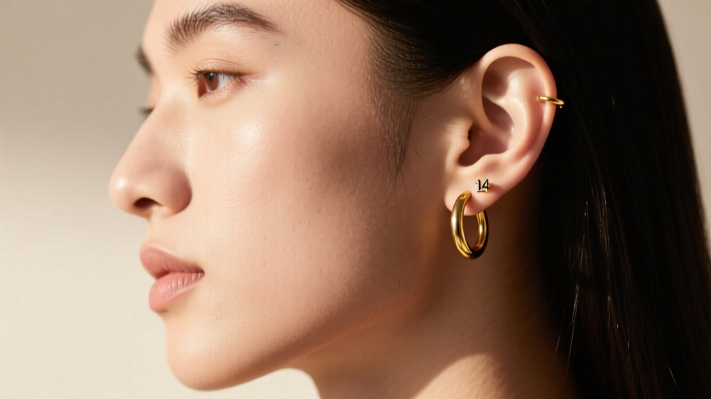 Side profile of a person wearing a 14-gauge solid 14k gold seamless hoop in a cartilage piercing, highlighting smooth edges