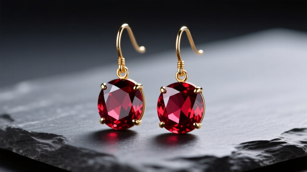8mm faceted almandine garnet bead earrings on 20-gauge gold-filled ear wires, resting on dark slate under soft studio lighting