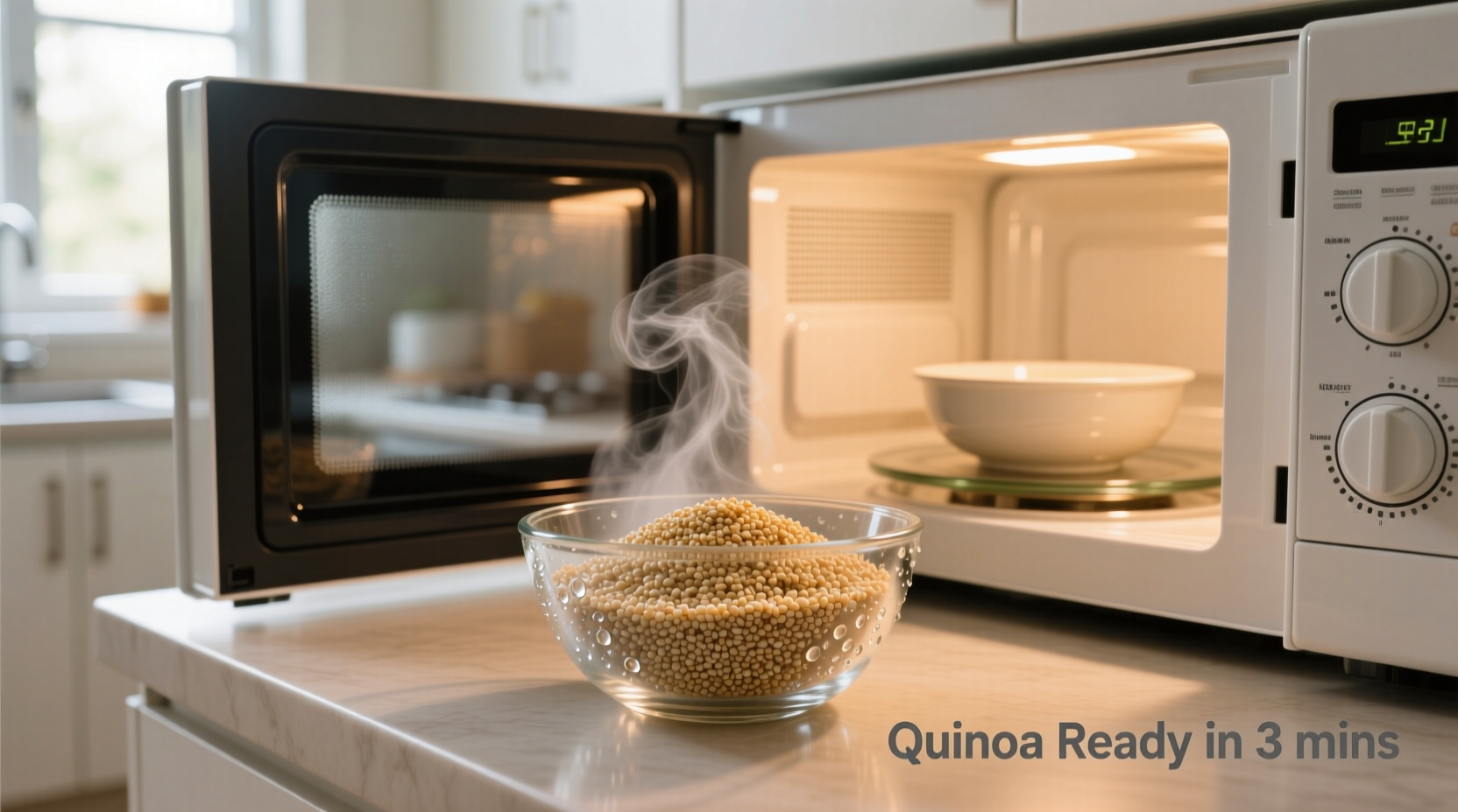 Microwave quinoa cooking in glass bowl