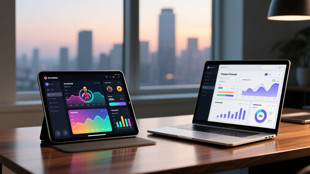 Tablet showing fantasy sports app wireframes and financial charts next to a laptop displaying venture capital pitch decks and ROI data