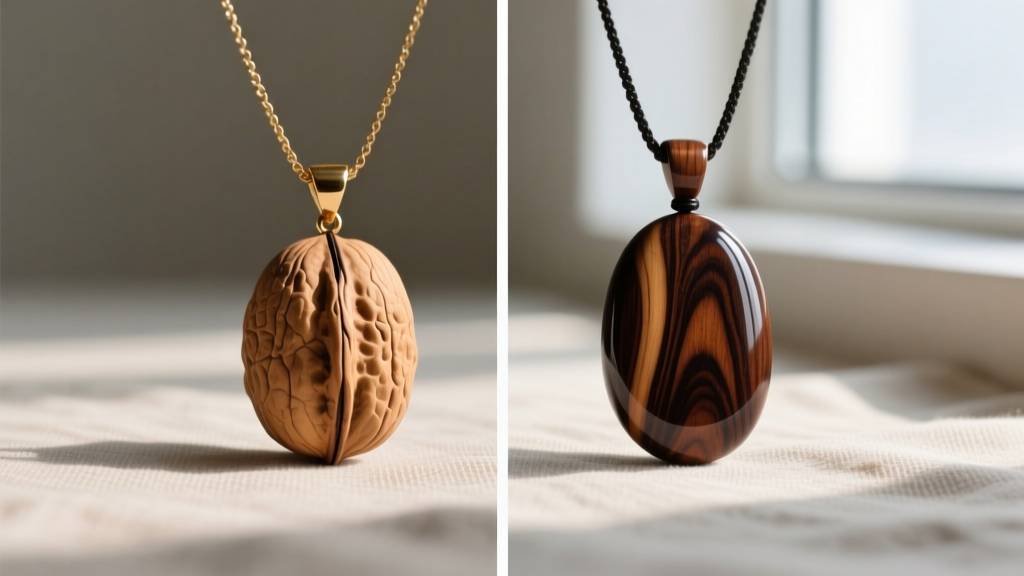 Side-by-side view of a raw walnut wooden pendant necklace and one finished with tung oil, showing enhanced dark grain patterns.