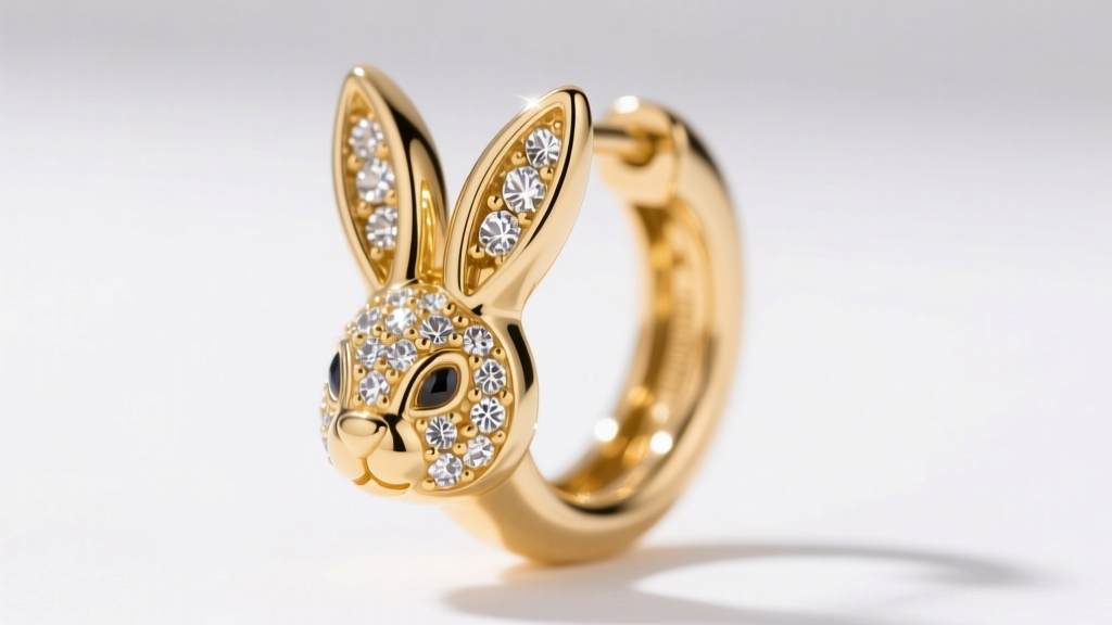 Close-up of a 14k gold vermeil Playboy bunny huggie hoop earring with micro-pavé zirconia accents under bright studio lighting