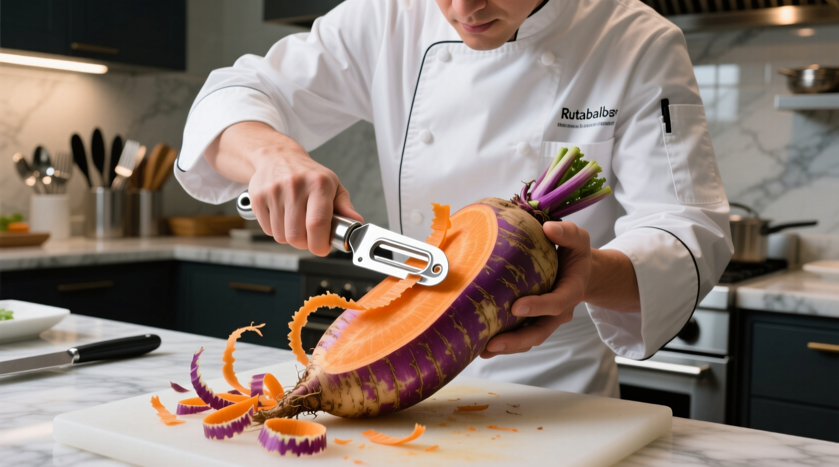 Chef peeling rutabaga with professional vegetable peeler