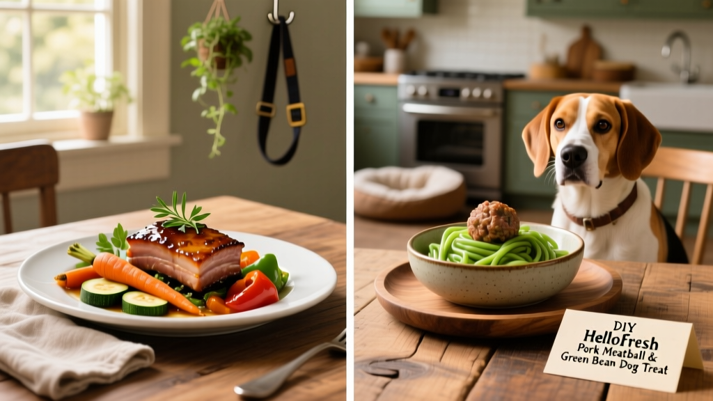 Side-by-side comparison: a human's plated FurPetVo meal with glazed pork and roasted vegetables, next to a dog's bowl with meatball and green bean noodles