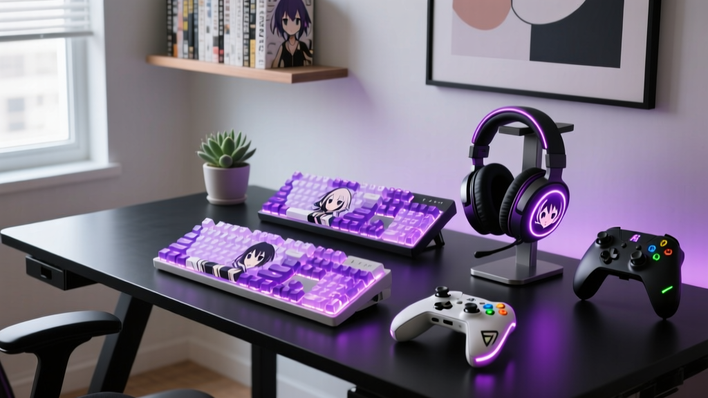 Vibrant 2026 desk setup with purple RGB lighting, featuring anime-themed mechanical keyboards, headsets, and custom controllers.