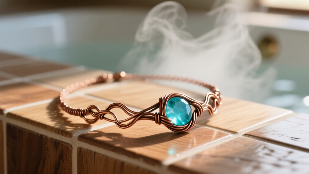 Rustic copper wire-wrapped raw aquamarine necklace resting on a wooden bathhouse-style tile, soft steam in the background