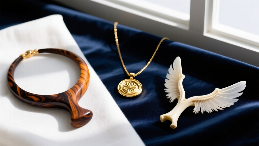 Flat lay of three wishing bone necklaces: one carved from dark wood, one cast in 14k gold, and one natural avian furcula on silk.