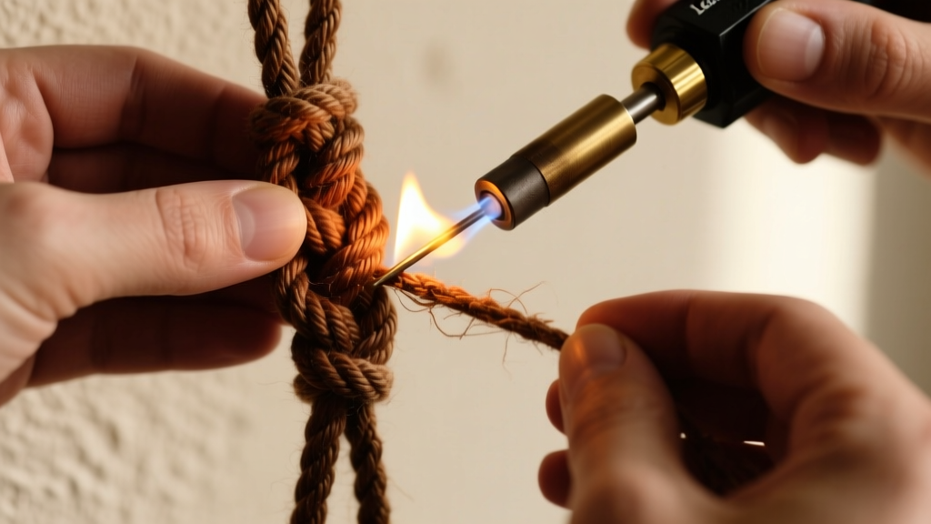 Hands using a precision thread burner to melt and seal a frayed brown waxed cord end near a visible sliding macrame knot.