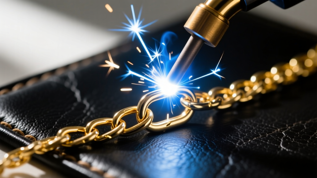 Close-up of a pulse arc welder tungsten electrode sparking onto a delicate 14k gold filled chain link on a dark leather mat.