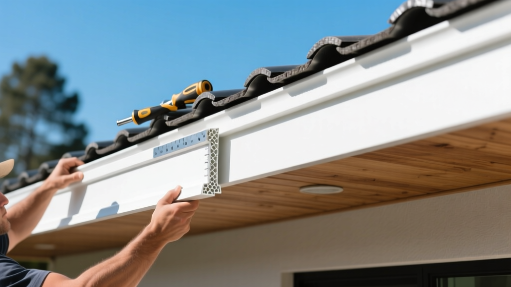Close-up of a contractor installing white cellular PVC roof fascia boards along the eaves of a modern residential home under clear skies