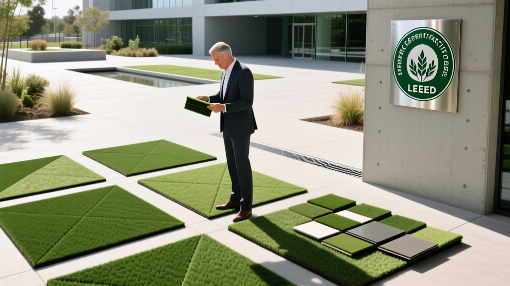 Landscape architect reviewing samples of permeable, lead-free synthetic turf on a commercial plaza with visible LEED certification plaque