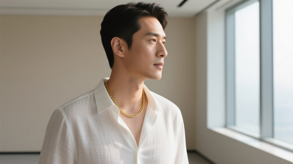 Side profile of a tech executive wearing a subtle 20-inch thin gold chain necklace peeking from an unbuttoned white linen shirt.