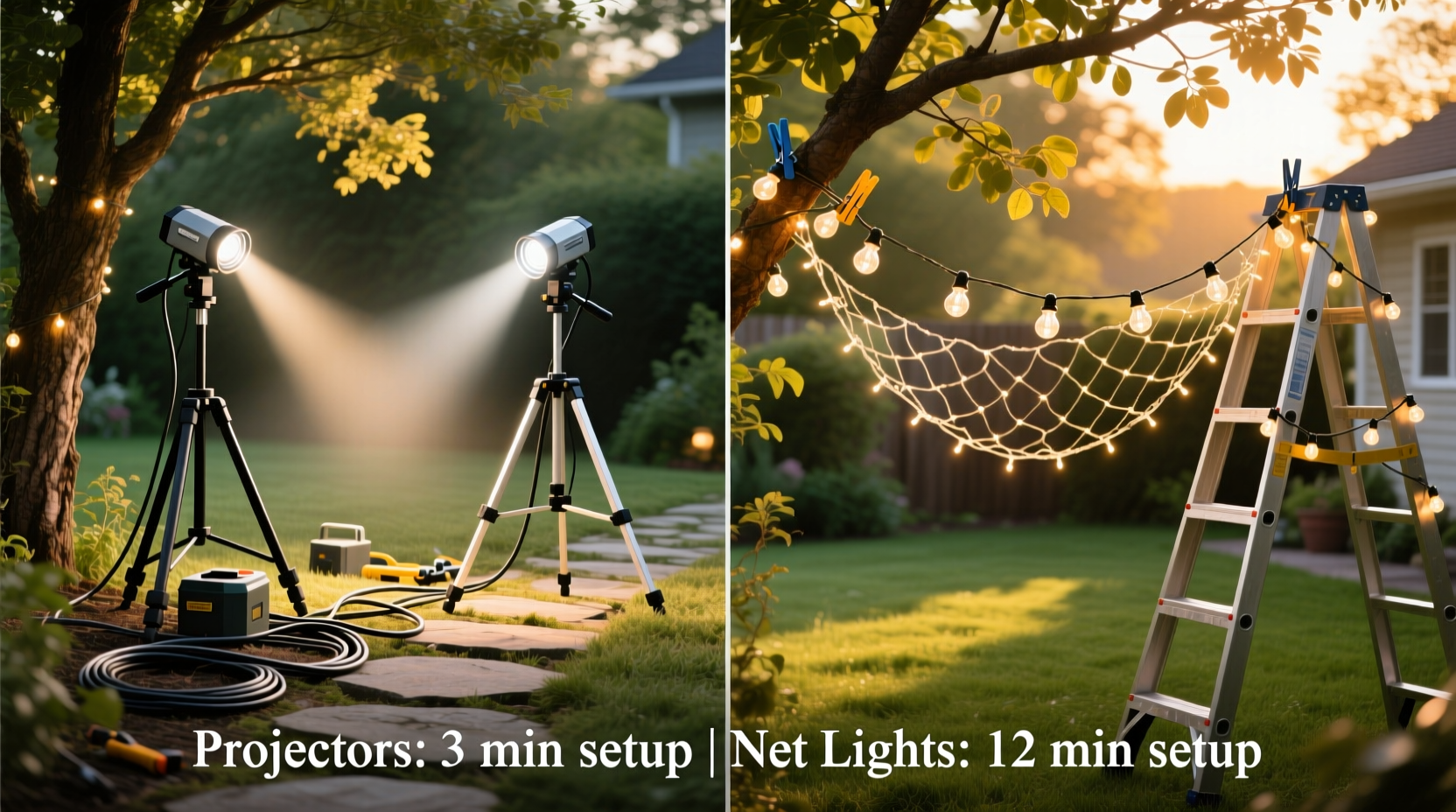 outdoor light projectors vs net lights which sets up faster