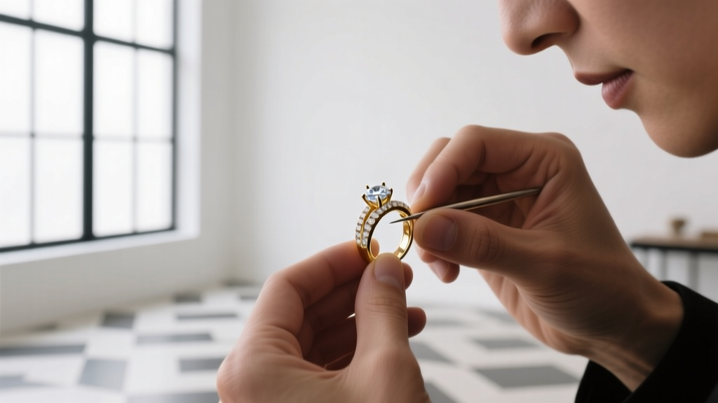 Jeweler's loupe inspecting a 0.50 carat diamond stud earring pavilion to check for I1 clarity inclusions under bright lighting.