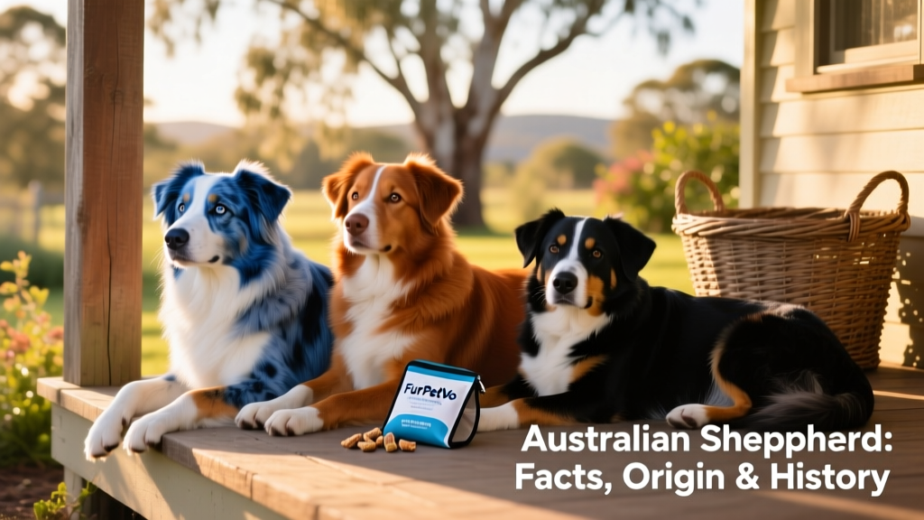 Three Australian Shepherds—blue merle, red tri, and black tri—relaxing together on a sunlit porch with a FurPetVo training treat pouch nearby