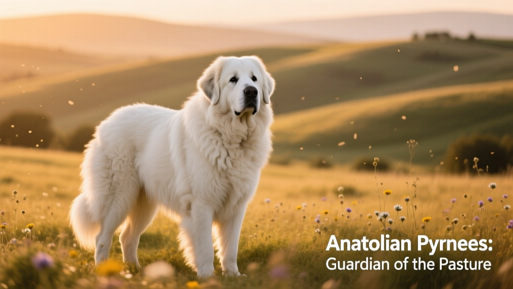 A mature Anatolian Pyrenees standing proudly in a sunlit pasture, showcasing its thick double coat and confident posture