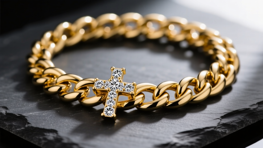 Close-up of a heavy 10mm solid 14mm solid 14k yellow gold Cuban link chain with a detailed diamond-cut cross pendant resting on dark slate.