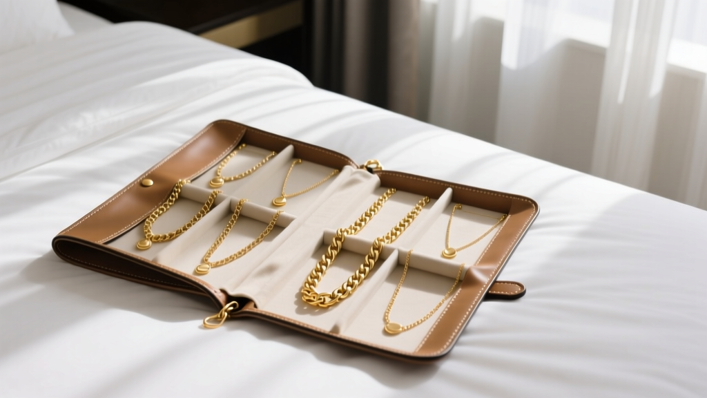 Overhead flat lay of a luxury leather travel jewelry roll open on a hotel bed, displaying neatly separated gold chain necklaces.
