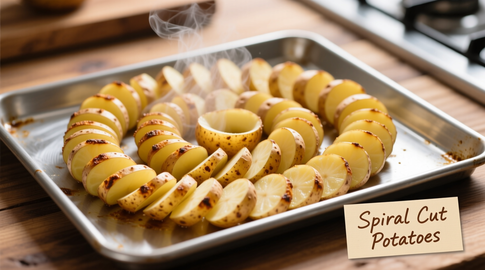 Fresh spiral-cut potatoes ready for baking on a baking sheet