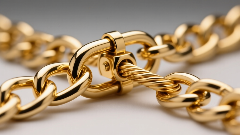 Extreme macro shot of a solid 18k gold cable chain link intersecting with a secure lobster clasp mechanism, studio lighting setup.
