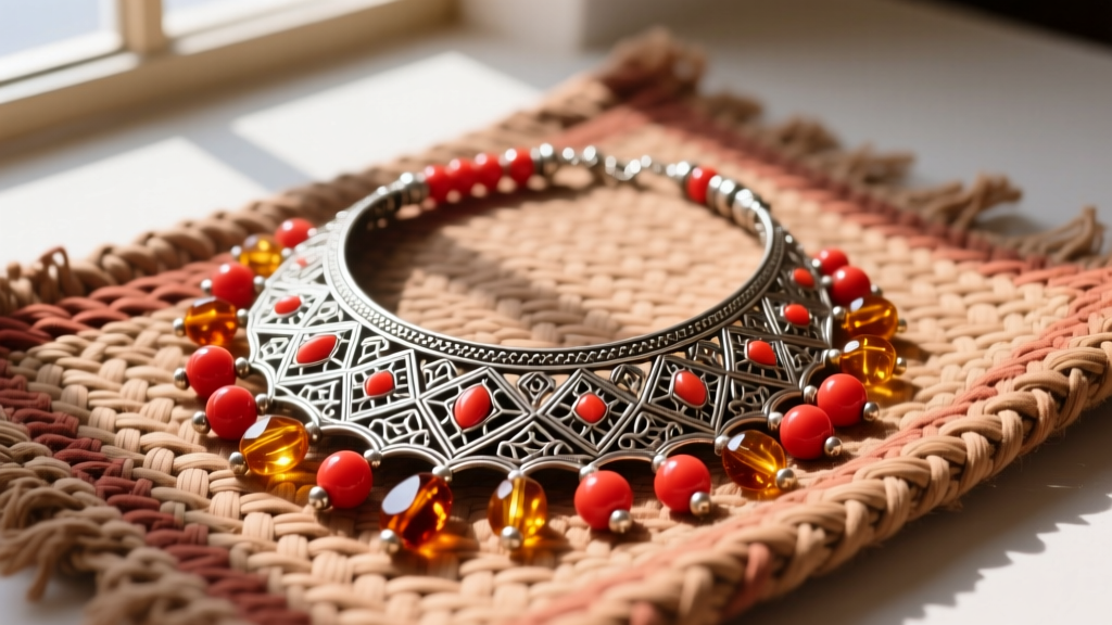 Flat lay of an ornate Moroccan Berber silver necklace with coral and amber beads resting on a woven terracotta textile background
