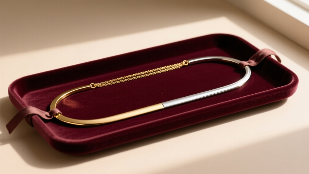 Velvet tray showing two 50 centimeters necklaces laid flat and secured to prevent tangling and kinking in warm light.