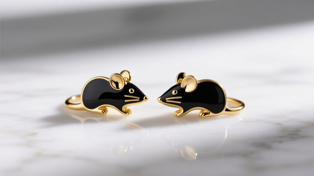 14k solid gold mouse silhouette studs with black vitreous enamel, resting on white marble under soft directional lighting.