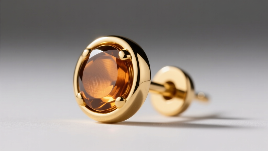 Side view of a round gold-filled stud post, showing the thick 14k gold layer bonded to a brass core under bright macro lighting.
