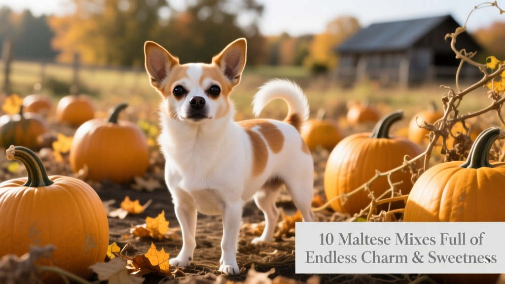 Malchi, Chihuahua Maltese mix, standing in pumpkin patch