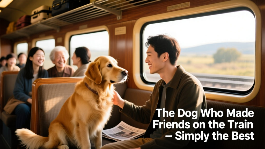 Side view of the train carriage showing other passengers smiling at the dog and his new friend