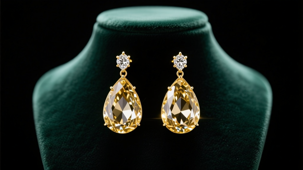 Elegant 18k gold teardrop crystal earrings catching light, displayed on a dark velvet jewelry bust with soft studio lighting.