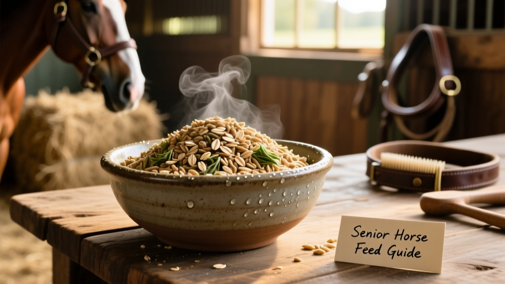 Bowl of soft, soaked senior horse feed with visible texture and moisture