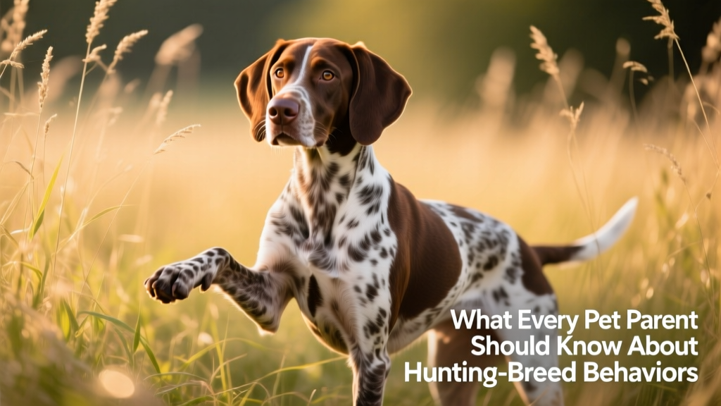 A German Shorthaired Pointer standing alert in tall grass, nose pointed forward, one paw lifted—demonstrating classic pointing behavior