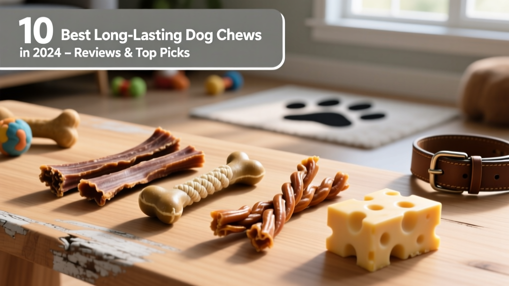 A variety of durable dog chews laid out on a clean wooden surface: yak chews, nylon bones, bully sticks, and cheese chews