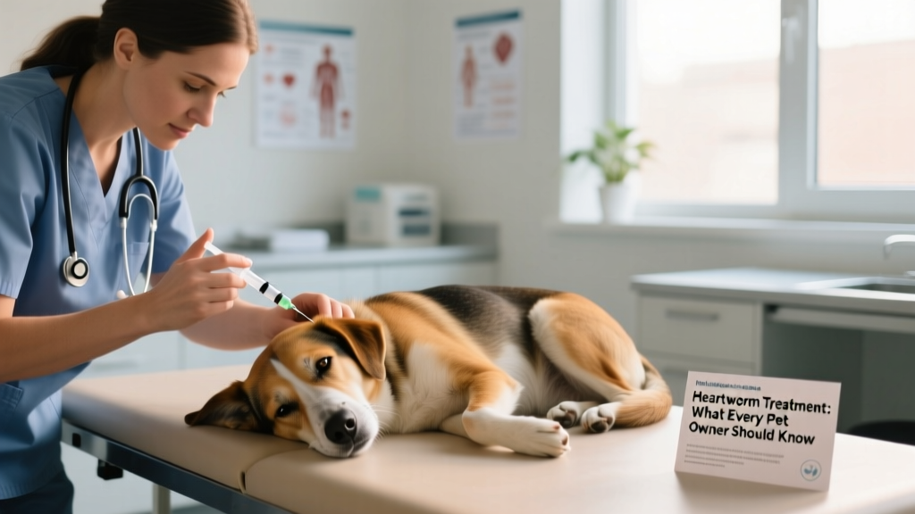 Veterinarian administering melarsomine injection to a calm, resting dog in clinic setting