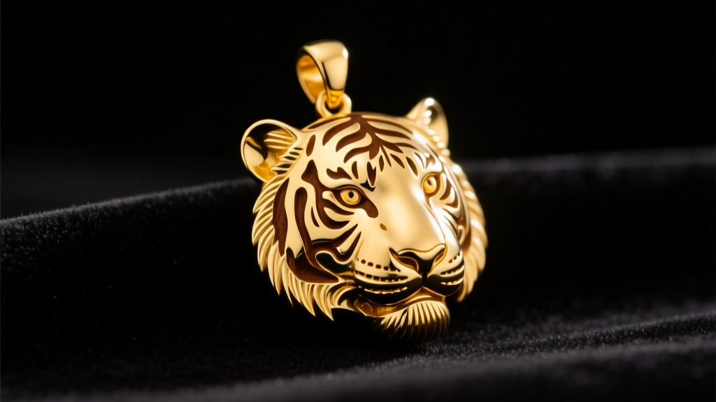 Close-up of an 18k yellow gold tiger head pendant with engraved fur details, resting on black velvet under warm studio lighting