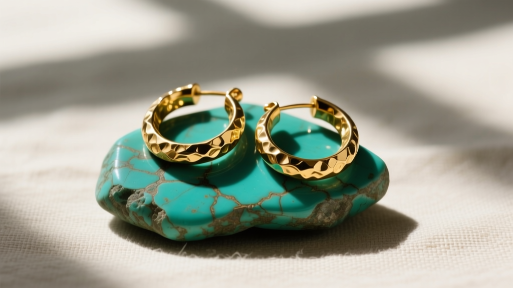 Flat lay of vintage Lucky Brand gold hammered hoop earrings resting on raw turquoise stone under soft natural window lighting