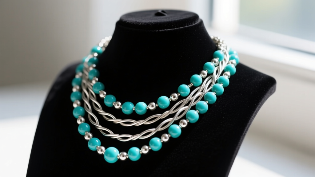 Close-up of a multi-strand wire and bead necklace featuring turquoise and silver beads resting on a dark velvet jewelry display.