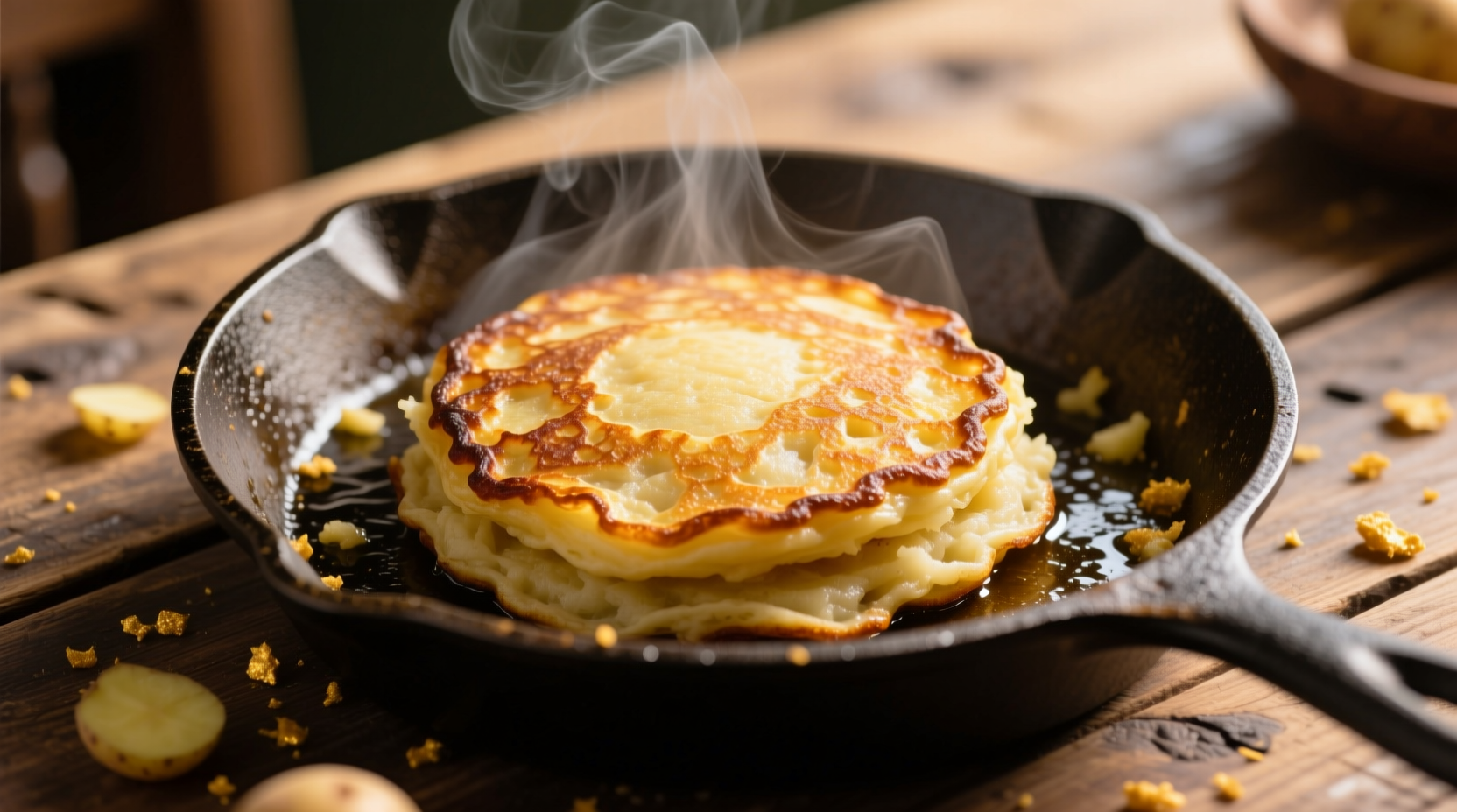 Golden mashed potato pancakes on cast iron skillet