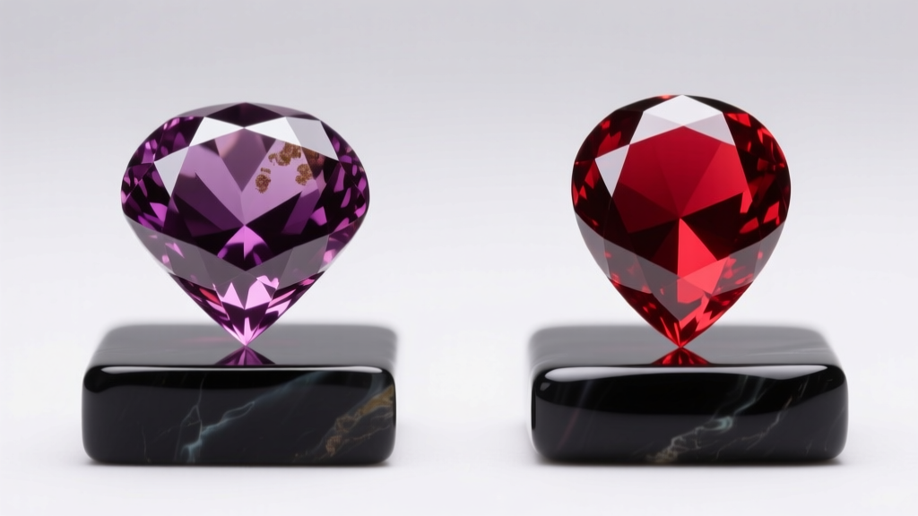 Side-by-side view of a natural purplish-red diamond and a vivid lab-grown red diamond under professional gemological lighting.