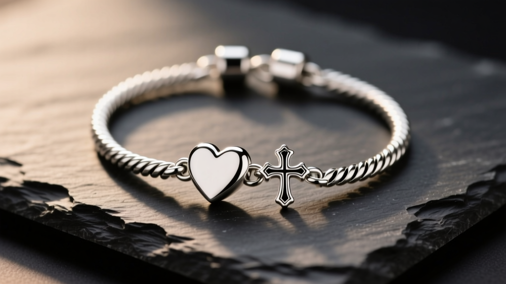 Close-up of a sterling silver charm bracelet on dark slate, featuring a heart and cross charm under soft, warm directional lighting.