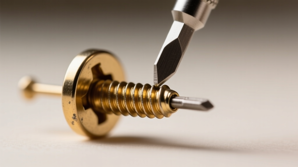 Macro shot of a vintage screw-back earring finding adjusted with a small precision screwdriver, showing the threaded metal post
